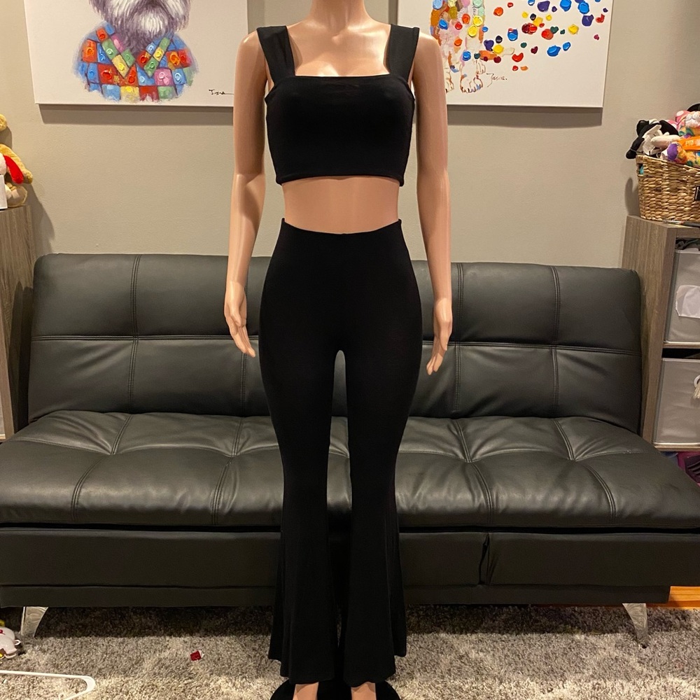 Two piece black high rise flare pant set